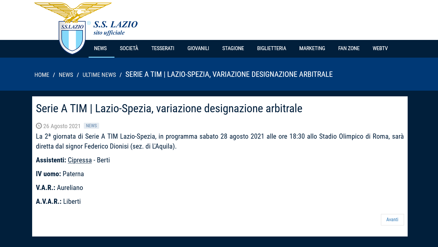 Lazio Spezia Cambia La Designazione Arbitrale Foto Lazio News